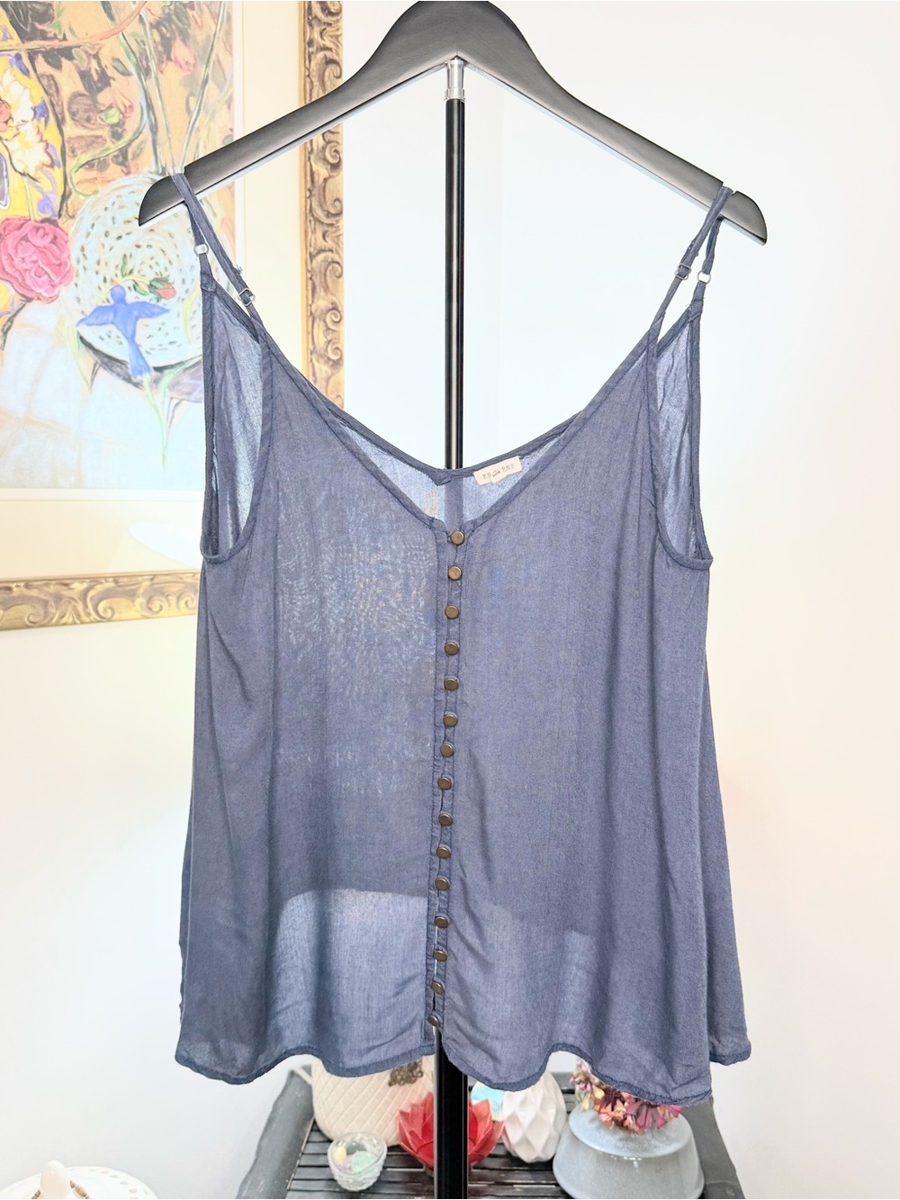 En Creme Medium Blue Sheer Button Front Boho Cami Tank Top